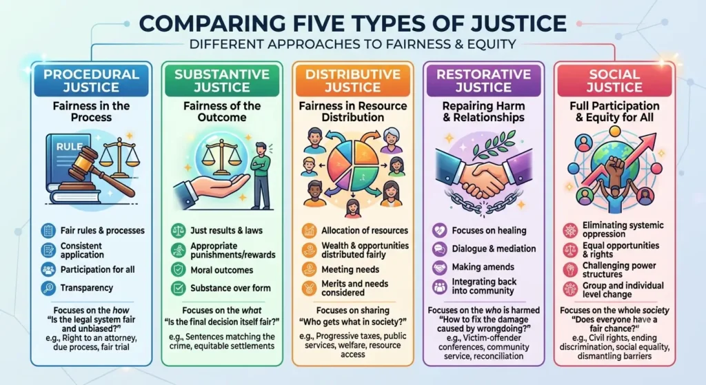 Types of justice procedural distributive social restorative