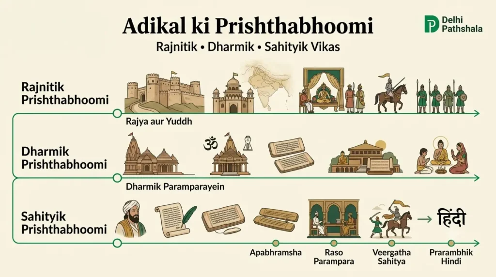 आदिकाल की पृष्ठभूमि: समय-रेखा आदिकाल की राजनीतिक, धार्मिक और साहित्यिक पृष्ठभूमि का समय-रेखा चित्र