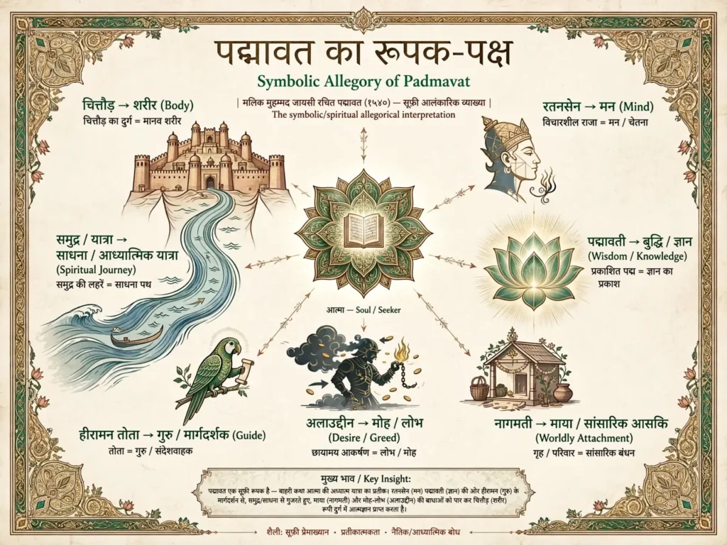 चित्तौड़=शरीर, रतनसेन=मन आदि प्रतीकों का चार्ट