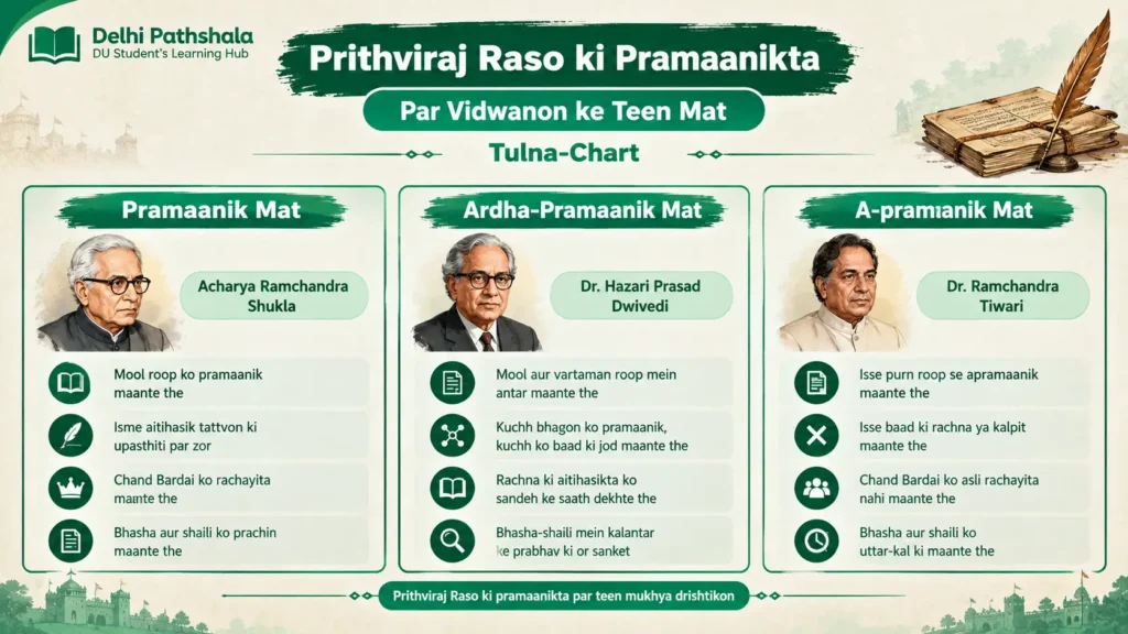 पृथ्वीराज रासो की प्रामाणिकता: तीन मत पृथ्वीराज रासो की प्रामाणिकता पर विद्वानों के तीन मत, तुलना-चार्ट