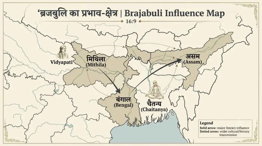 Map showing spread of Brajabuli from Mithila to Bengal Assam via Chaitanya