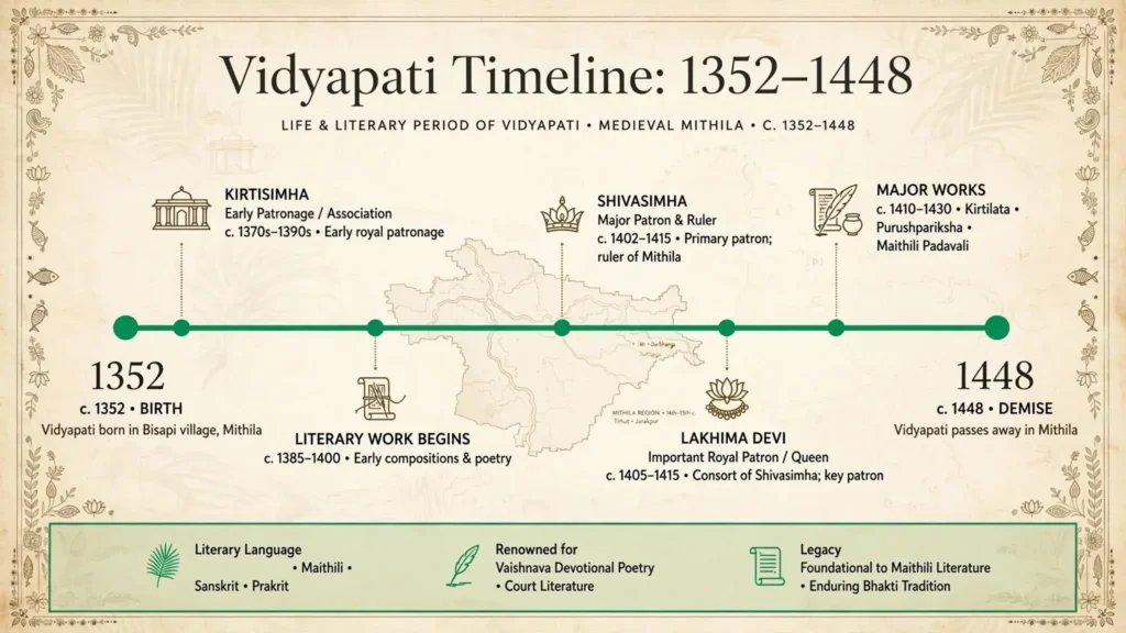 Vidyapati timeline with patrons Kirtisimha Shivasimha Lakhima Devi