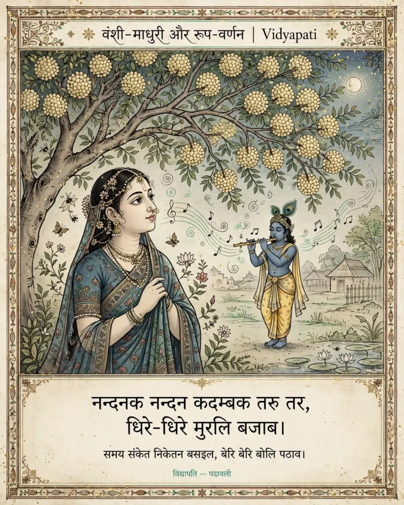 Illustration of Radha listening to flute under Kadamba tree with verse