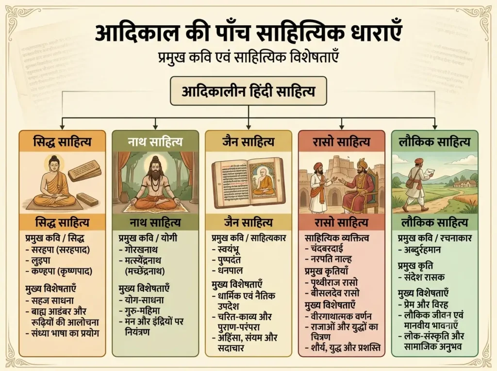 सिद्ध, नाथ, जैन, रासो और लौकिक साहित्य को प्रमुख कवियों सहित दिखाने वाला चार्ट