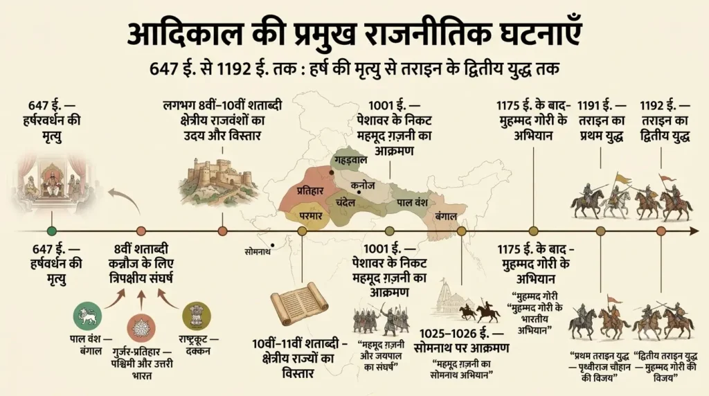 647 ई. से 1192 ई. तक आदिकाल की प्रमुख राजनीतिक घटनाओं की समय-रेखा
