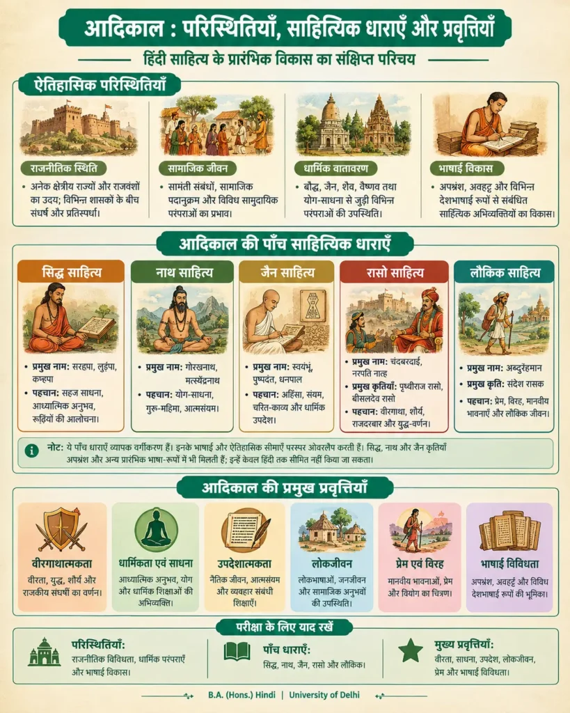 आदिकाल की परिस्थितियों, पाँच धाराओं और प्रवृत्तियों का सार दर्शाने वाला इन्फ़ोग्राफ़िक