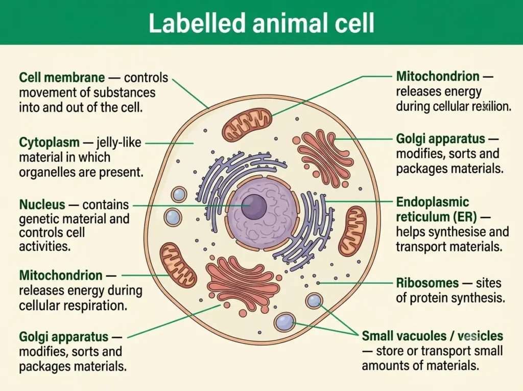 Labelled animal cell Animal cell with membrane, nucleus, mitochondria, Golgi apparatus and small vacuoles
