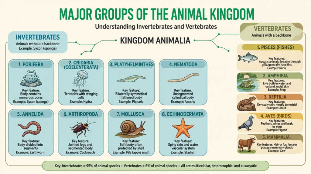 Major groups of the animal kingdom Chart dividing animals into invertebrate phyla and the five vertebrate classes with examples