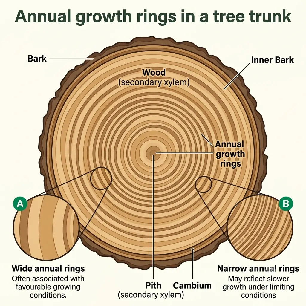 Cross-section of a tree trunk with wide and narrow rings and bark labelled