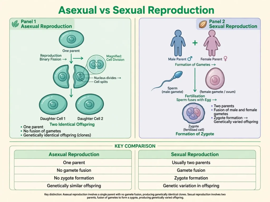 Two-panel diagram: one parent forming a clone, and two parents with sperm and egg fusing into a zygote