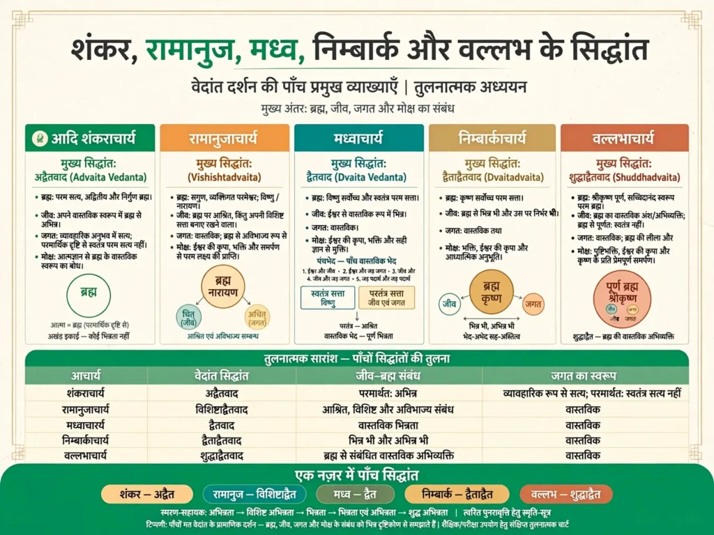शंकर, रामानुज, मध्व, निम्बार्क और वल्लभ के सिद्धांतों का चार्ट