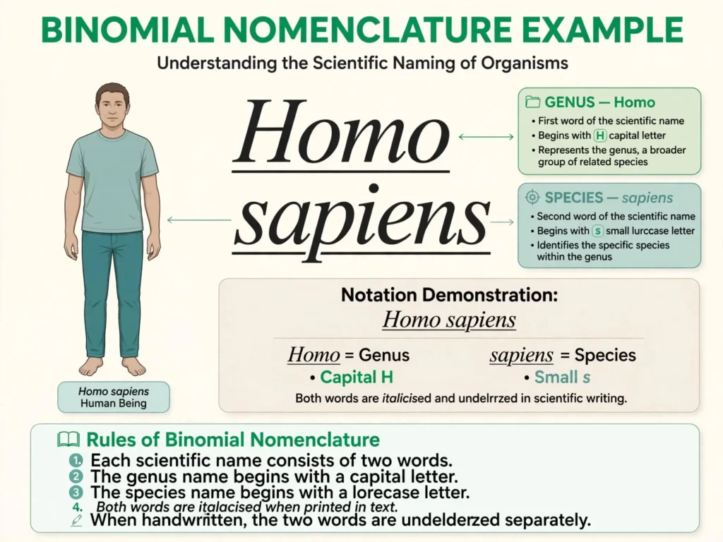 Binomial nomenclature example Diagram of Homo sapiens showing genus with a capital letter and species with a small letter, in italics and underlined