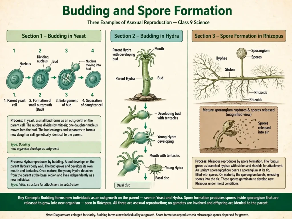 Labelled diagrams of yeast budding, hydra budding and Rhizopus sporangium with spores