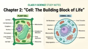 Illustration of a plant cell and an animal cell with labelled organelles for Class 9 Science
