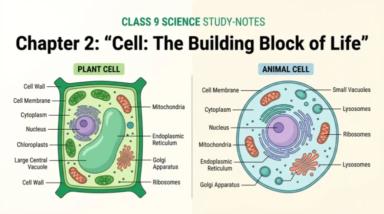 Illustration of a plant cell and an animal cell with labelled organelles for Class 9 Science