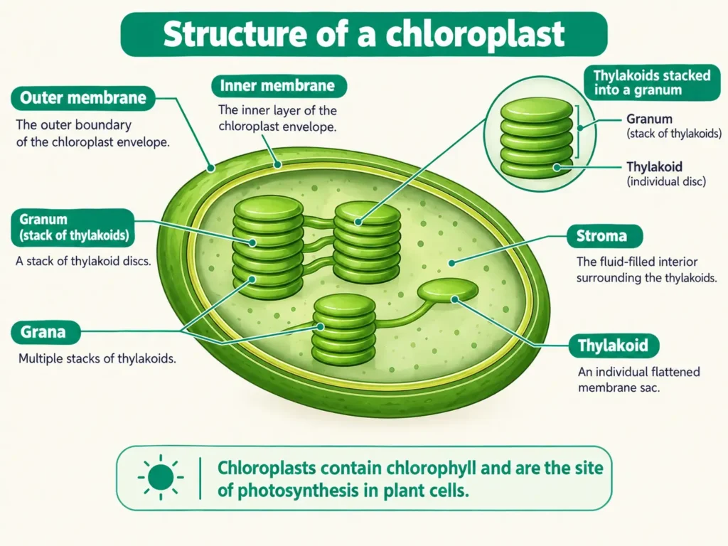 Structure of a chloroplast Chloroplast showing stroma, grana and thylakoids
