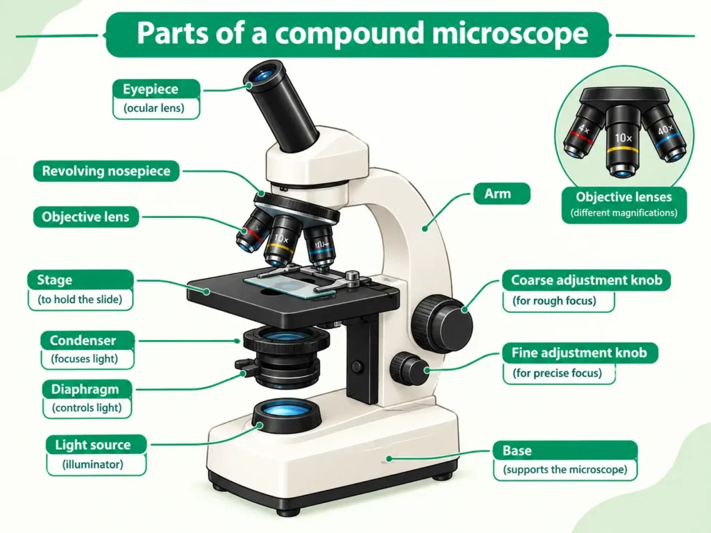 Parts of a compound microscope Labelled compound microscope showing eyepiece, objective lens and stage