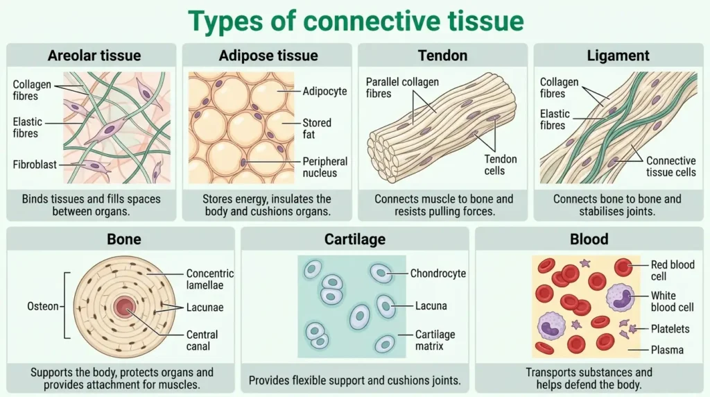 Areolar, adipose, tendon, ligament, bone, cartilage and blood shown side by side