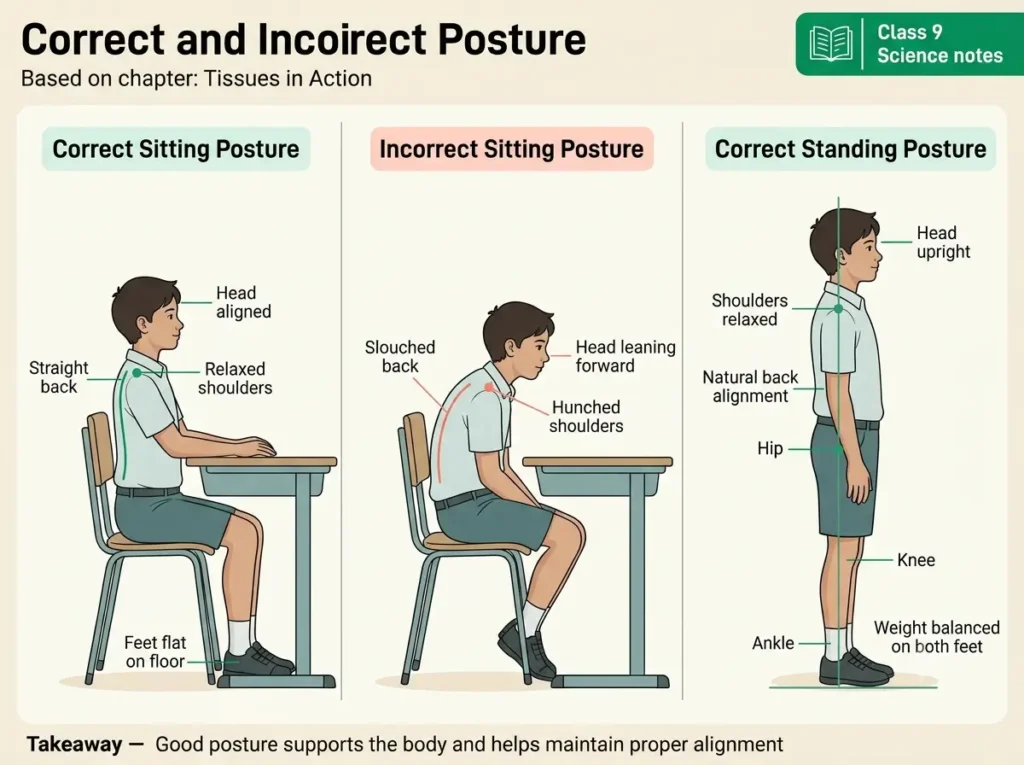 Side view of a student sitting straight and slouching, and standing correctly