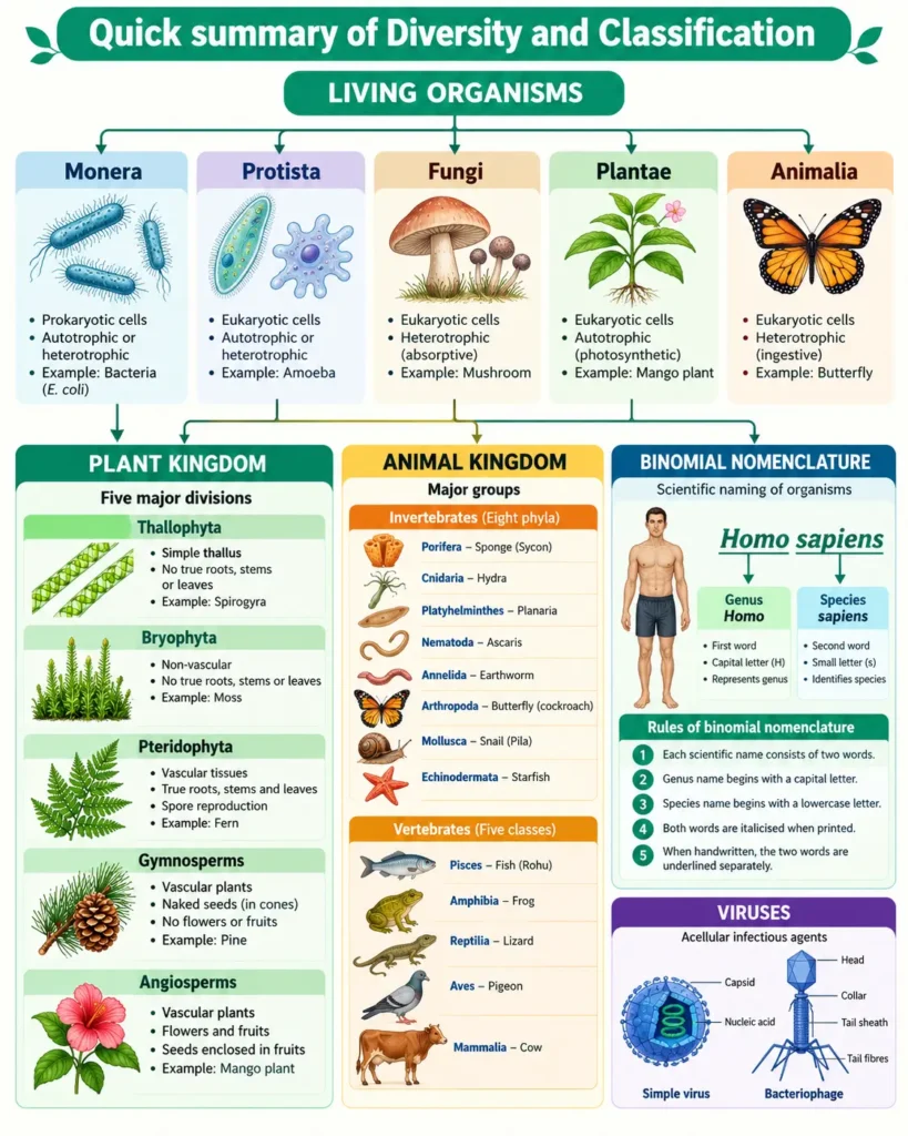 Quick summary of Diversity and Classification Flow chart from five kingdoms to plant divisions, animal phyla, binomial nomenclature and viruses