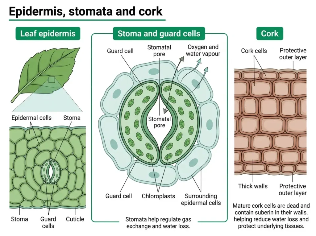 Leaf epidermis with a stoma and guard cells, and layers of cork