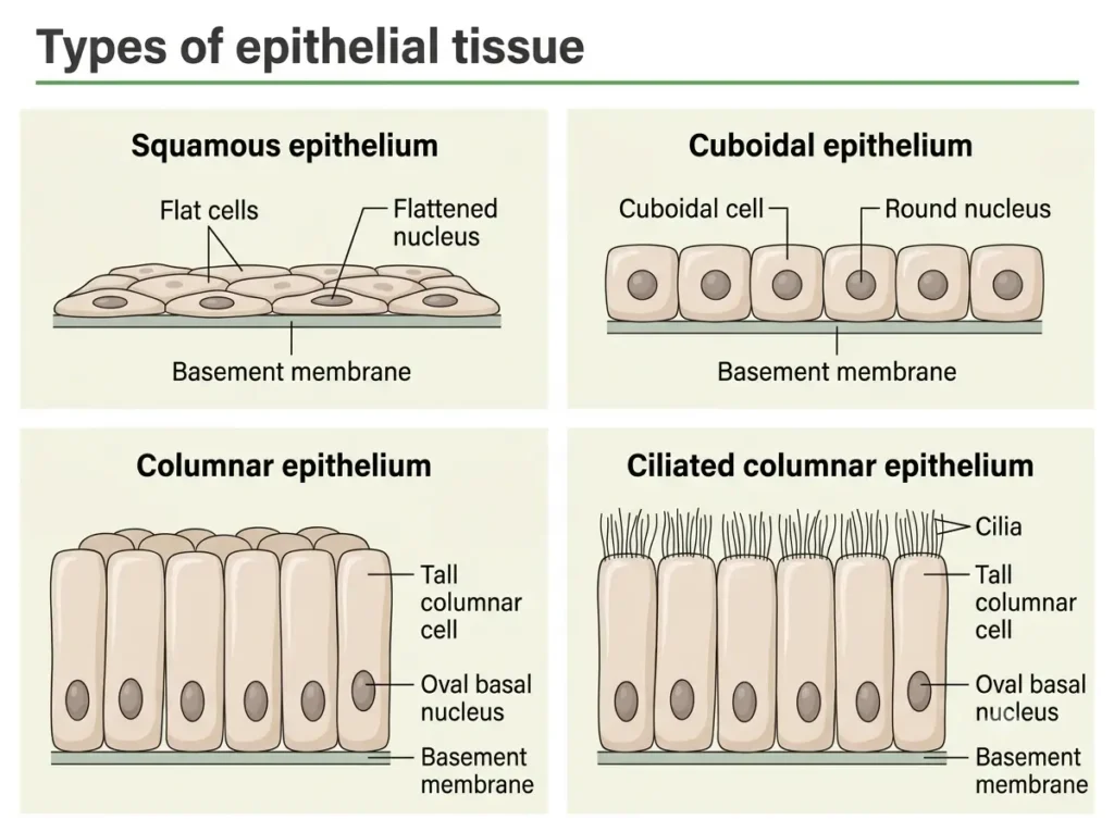 Squamous, cuboidal and columnar epithelium on a basement membrane, with cilia