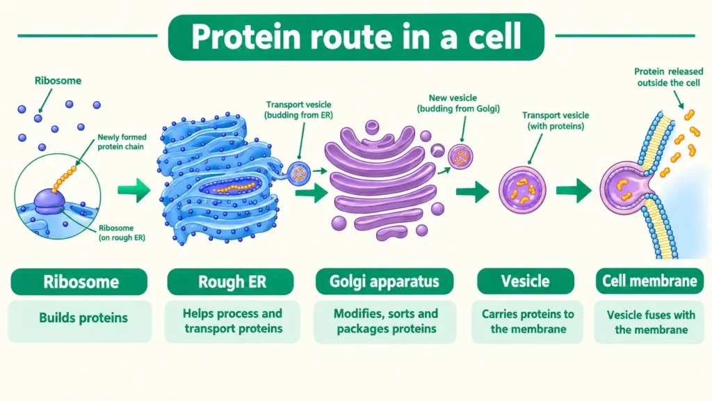 Protein route in a cell Flow chart: ribosome to rough ER to Golgi apparatus to vesicle to cell membrane