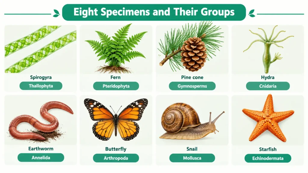 Exp. 8 specimens Collage of Spirogyra, fern, pine cone, Hydra, earthworm, butterfly, snail and starfish with their group names