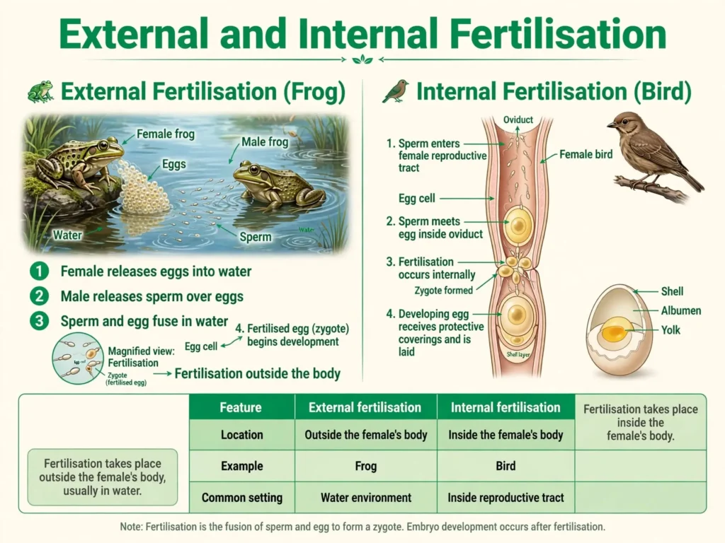 Comparison chart of a frog releasing eggs in water and a bird with eggs fertilised inside the body