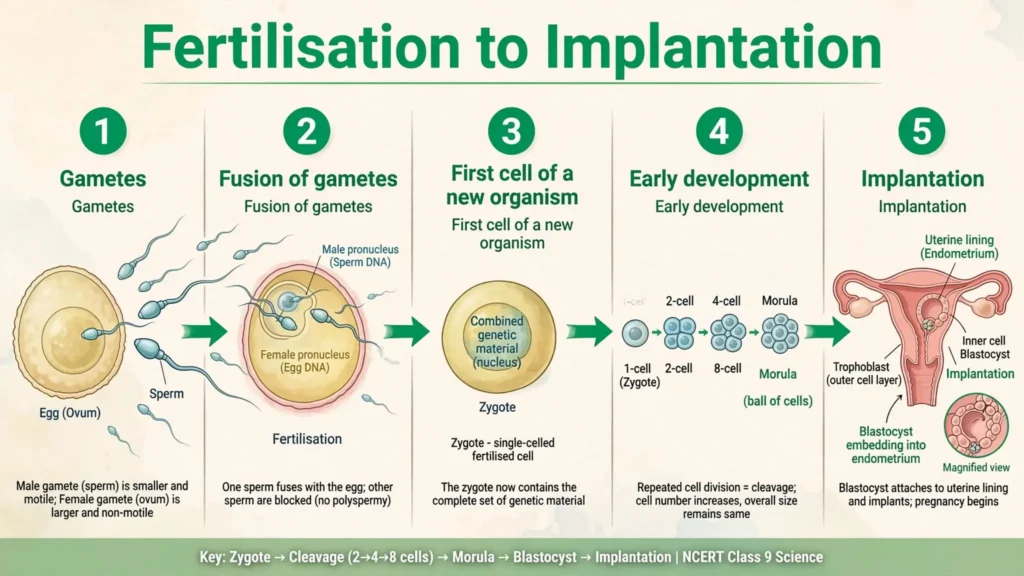 Sequence from egg and sperm to zygote, ball of cells and implantation in the uterine lining