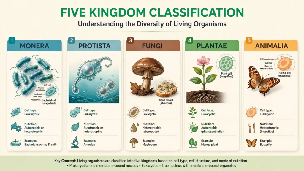 Five Kingdom Classification chart Chart of the five kingdoms Monera, Protista, Fungi, Plantae and Animalia with cell type, nutrition and an example for each