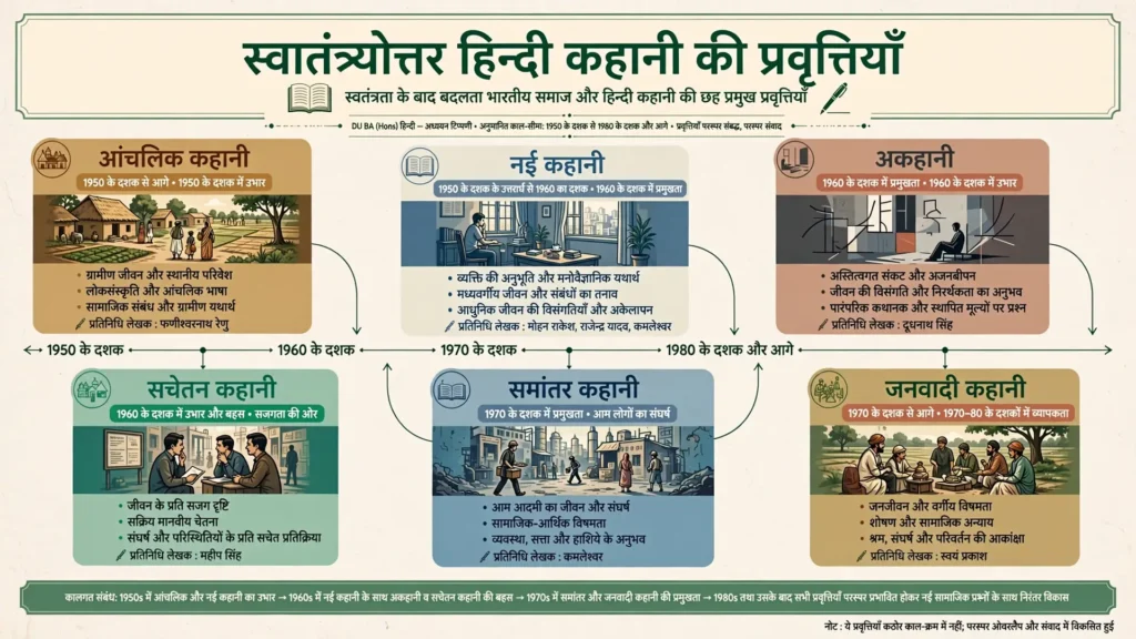 आंचलिक, नई कहानी, अकहानी, सचेतन, समांतर और जनवादी कहानी की टाइमलाइन