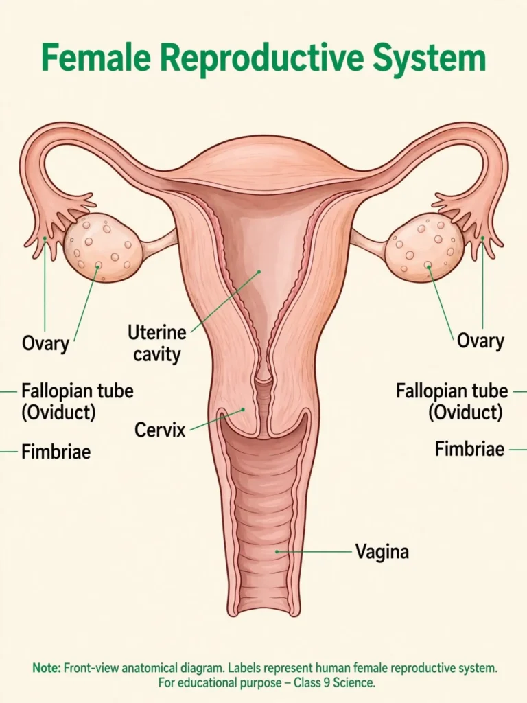 Front view labelling ovary, fallopian tube, uterus, cervix and vagina