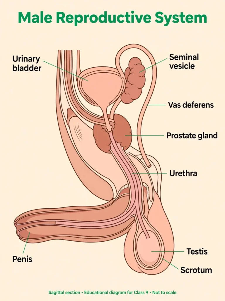 Side view labelling testis, scrotum, vas deferens, seminal vesicle, prostate gland, urethra, penis and bladder