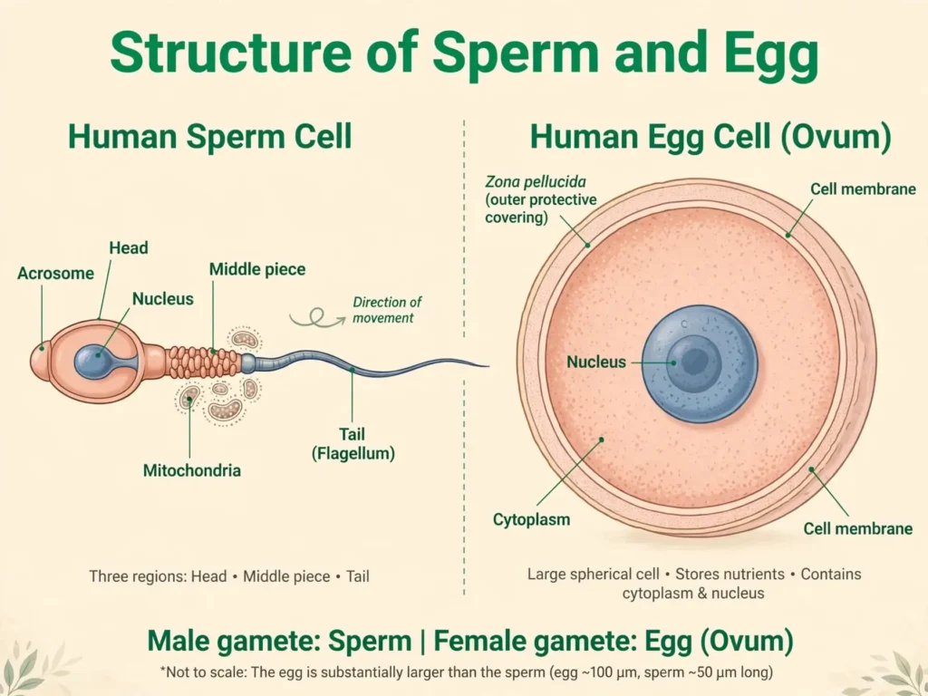 Labelled sperm (head, middle piece, tail) beside a larger egg with nucleus and cytoplasm