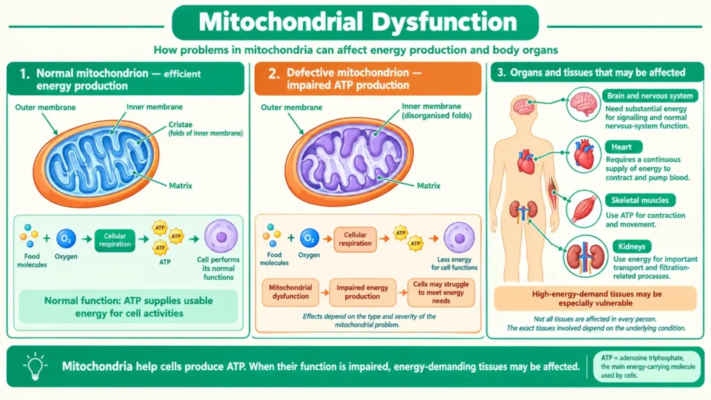 Mitochondrial dysfunction Normal and defective mitochondria with ATP production and affected organs