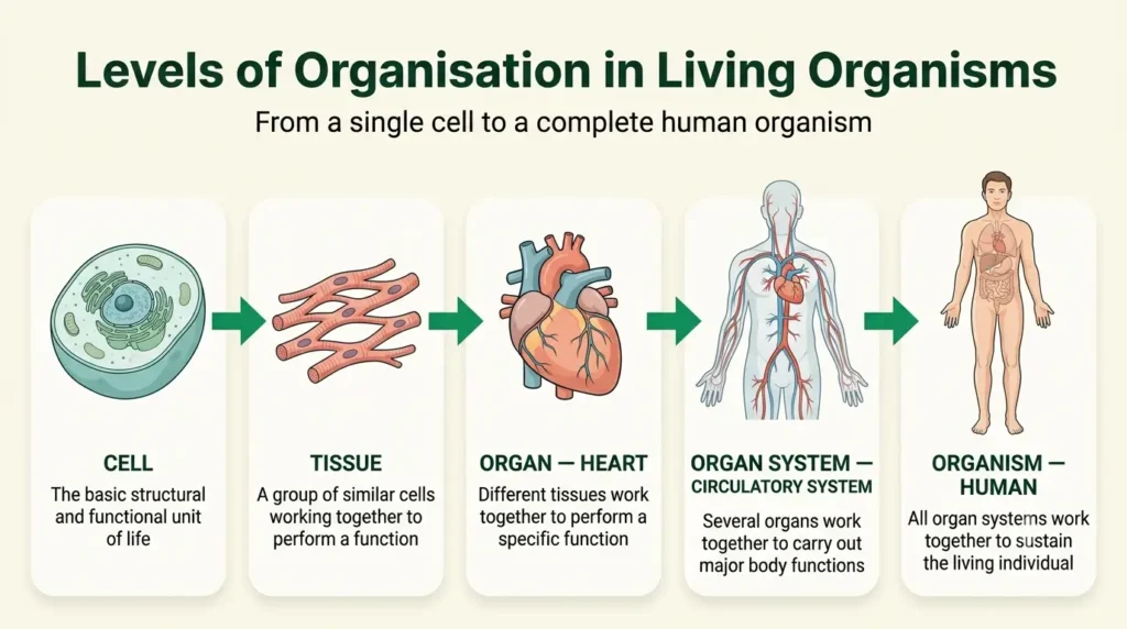 Flow chart from cell to tissue, organ (heart), organ system and human organism