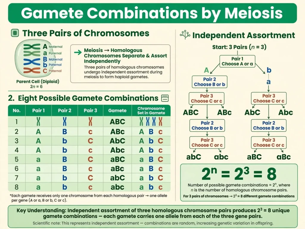Table-style diagram showing eight combinations from three chromosome pairs