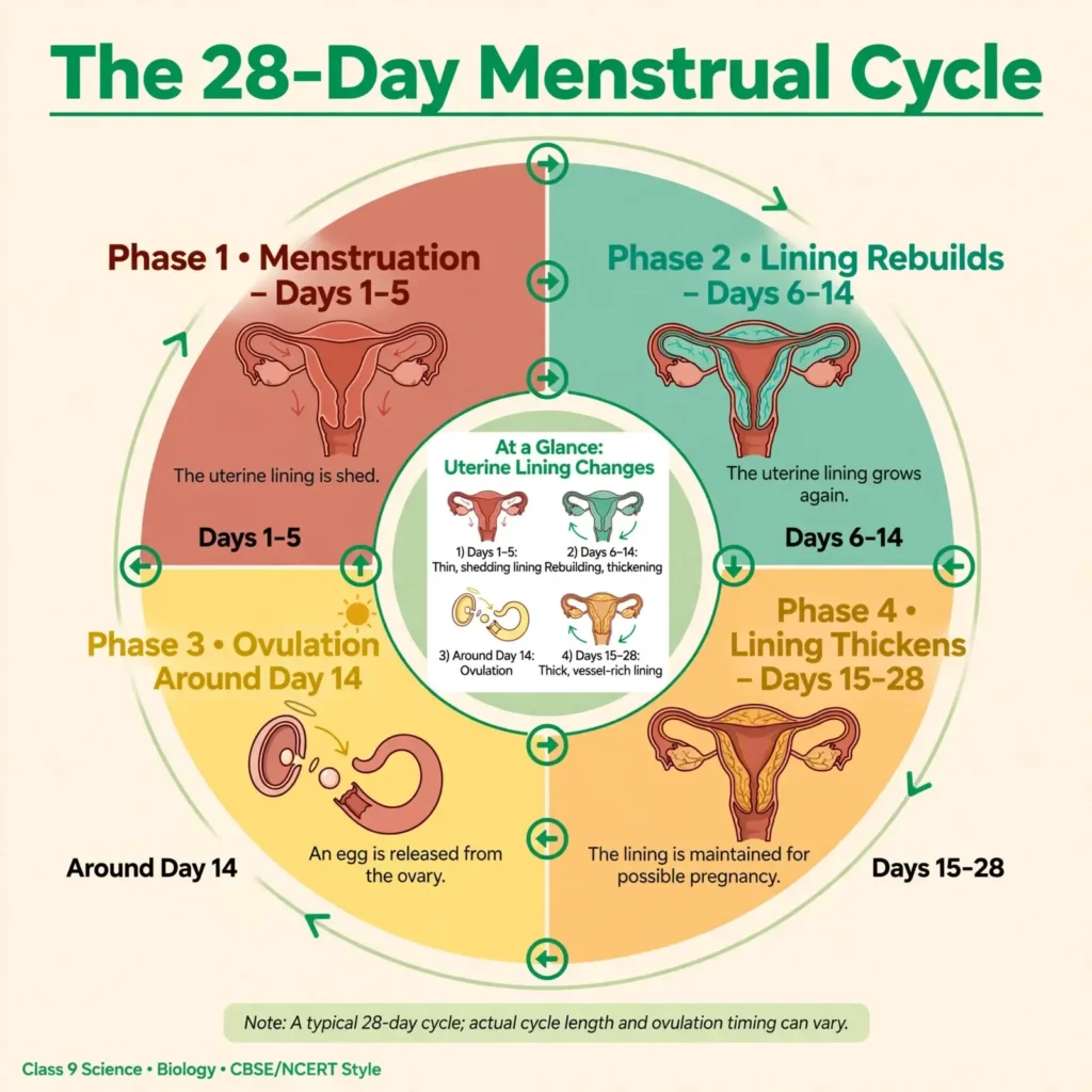 Circular timeline marking menstruation (day 1–5), lining rebuild (6–14), ovulation (14) and thickening (15–28)