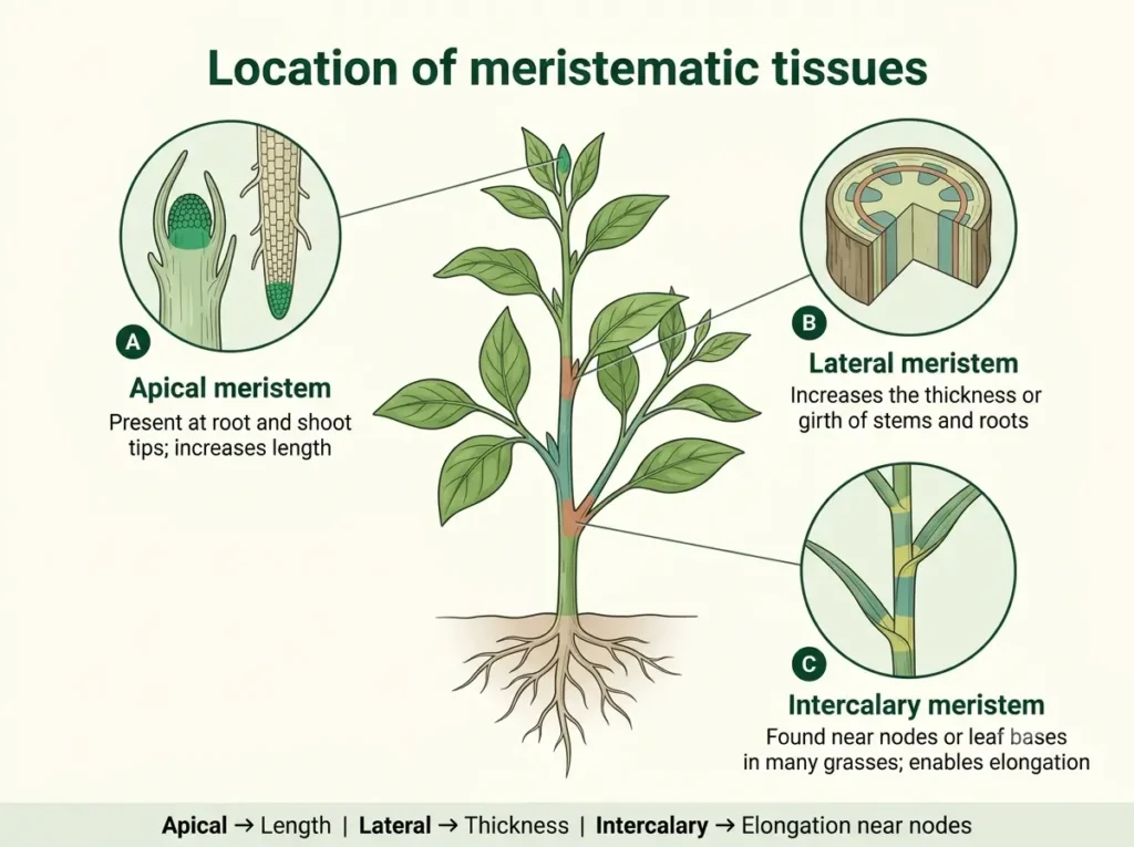 Plant diagram showing apical, lateral and intercalary meristems