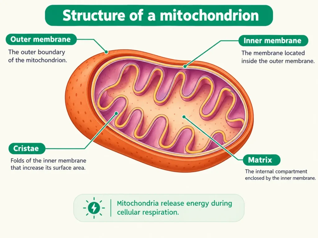 Structure of a mitochondrion Mitochondrion showing outer membrane, inner membrane, cristae and matrix