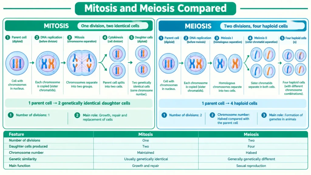 Mitosis and meiosis compared Flow chart showing mitosis giving two identical cells and meiosis giving four gametes