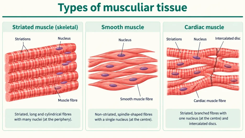 Striated, smooth and cardiac muscle fibres with nuclei and striations labelled