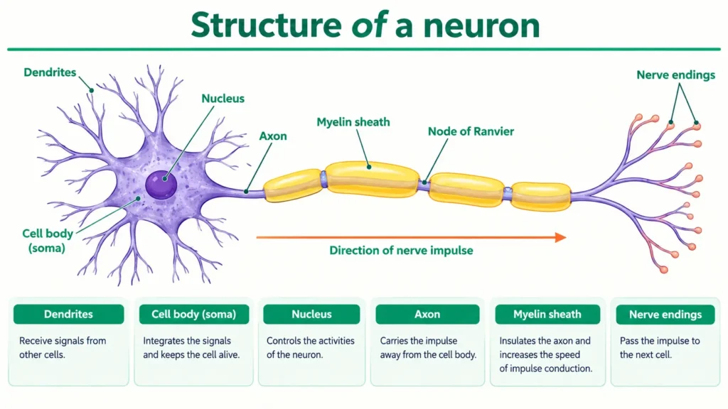 Neuron with cell body, nucleus, dendrites, axon, myelin sheath and nerve endings, with arrow for impulse