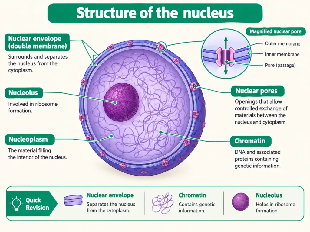 Structure of the nucleus Nucleus showing nuclear membrane, pores, nucleolus and chromatin