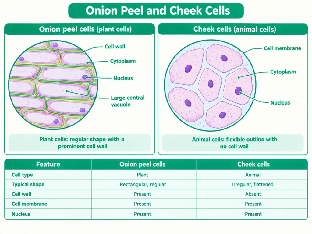 Onion peel and cheek cells Onion cells with cell wall and cheek cells without cell wall under a microscope