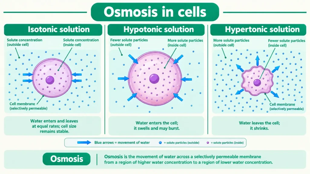 Osmosis in cells Three cells in isotonic, hypotonic and hypertonic solutions with arrows for water movement