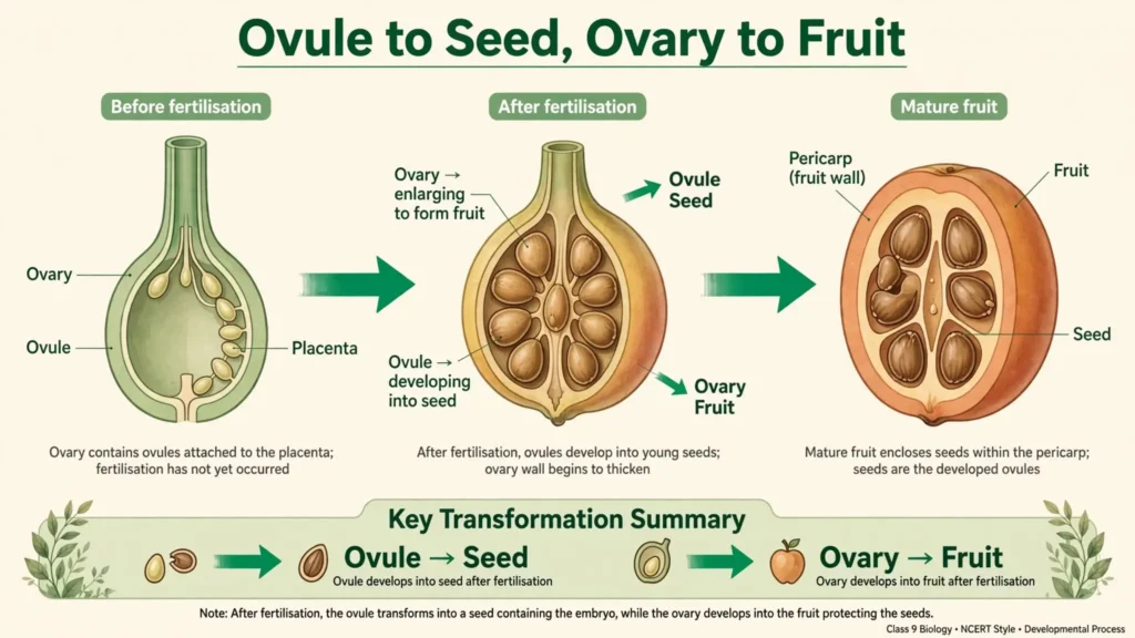 Flow diagram of a flower ovary with ovules becoming a fruit with seeds
