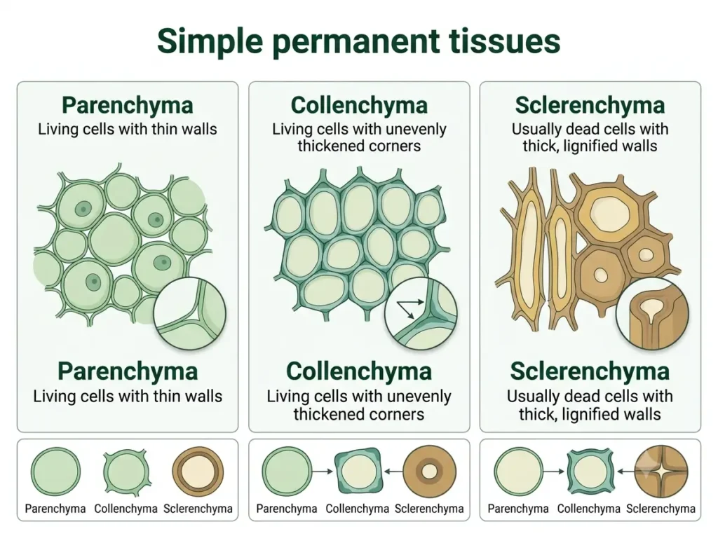 Three labelled cell diagrams showing thin, corner-thickened and lignified walls