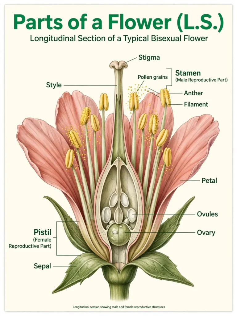 Longitudinal section of a flower labelling sepal, petal, stamen with anther and filament, and pistil with stigma, style and ovary